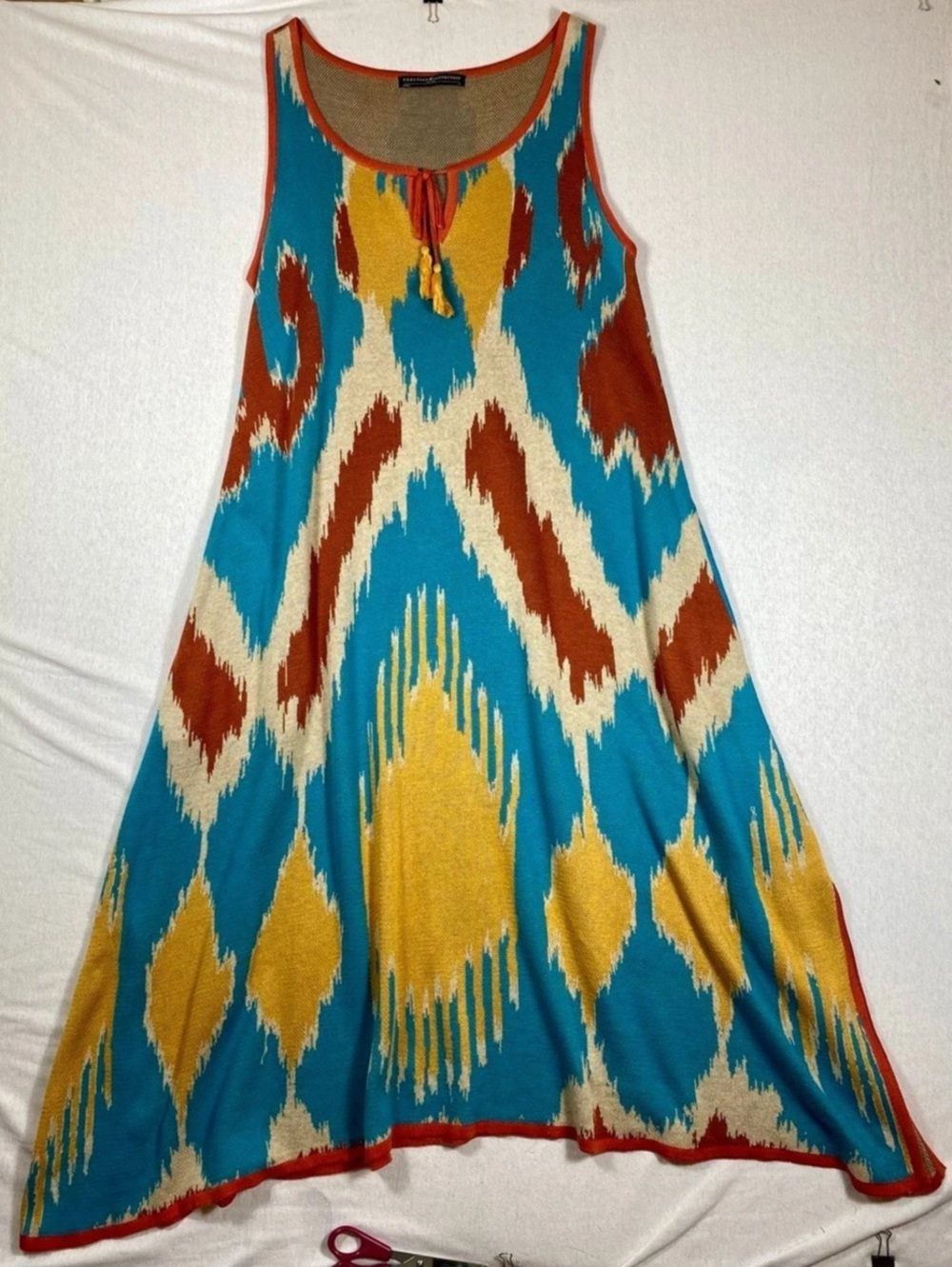 Peruvian Connection Pima Cotton Ikat Maxi Dress S Blue Gold Rust Boho